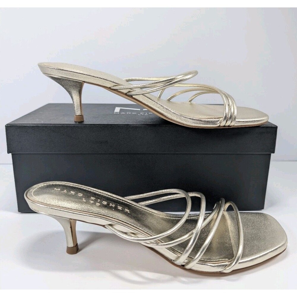 Marc Fisher Banna Womens Gold Leather Strappy Kitten Heel Sandal Size 7M NIB